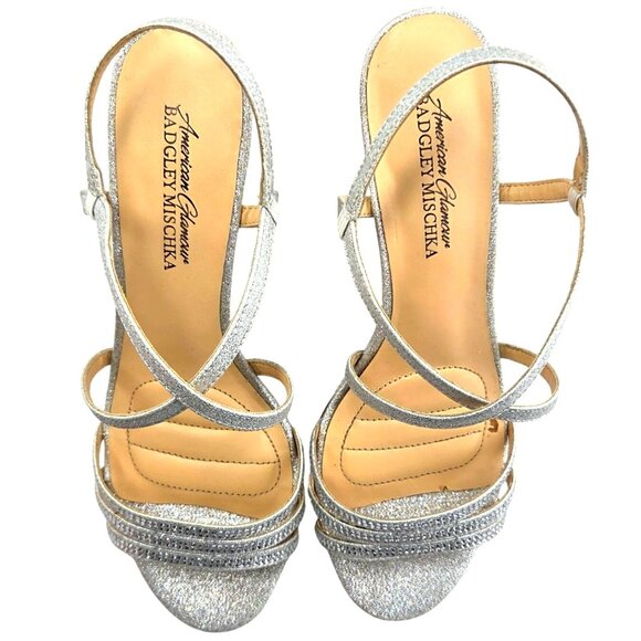 American Glamour by Badgley Mischka Silver Rhinestone Strappy Wedge Sandals 8 - Picture 2 of 8